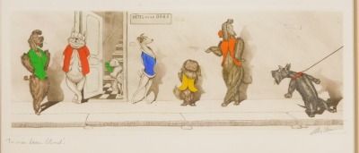 After Arthur Bons Klien. Four dog caricatures, each depicting comical dogs on the street, signed and titled in pencil to margin, 20cm x 46cm, framed and glazed. (4) - 4