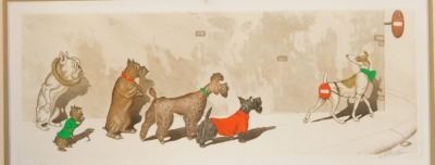 After Arthur Bons Klien. Four dog caricatures, each depicting comical dogs on the street, signed and titled in pencil to margin, 20cm x 46cm, framed and glazed. (4) - 5