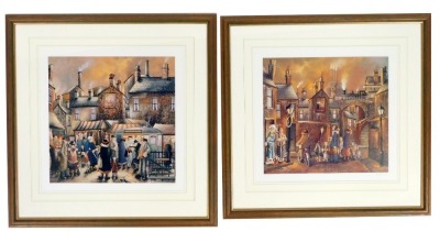 After Brian J Gordan. A coloured print street scene of Alfonso's Bistro, signed in pencil to margin, 38cm x 40cm, framed and glazed, with Bovril and Guinness street scene. (2)