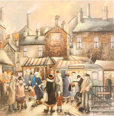 After Brian J Gordan. A coloured print street scene of Alfonso's Bistro, signed in pencil to margin, 38cm x 40cm, framed and glazed, with Bovril and Guinness street scene. (2) - 2