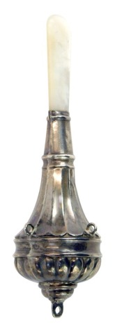 An Edward VII silver child's rattle, with mother of pearl teether, bells lacking, Birmingham 1902.