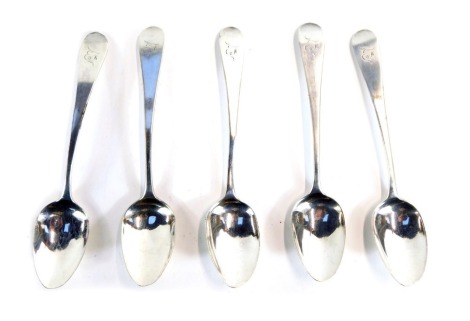 A set of five George IV Old English pattern silver teaspoons, each bearing initials E J, London 1820, 2oz. (5)