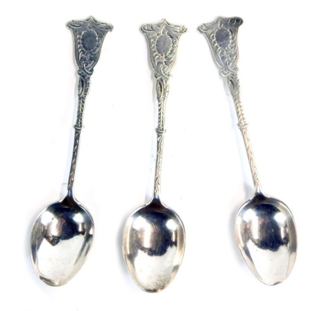 Three Edward VII silver teaspoons, each with a shield top, of Neo Classical shield design, Birmingham 1909, 1¼oz.