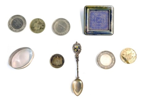 A small group of silver and coinage, to include a silver teaspoon, silver oval napkin ring of engine turned design, three Plymouth Rock and Andalusian Club medallions, one engraved 1996, a small group of other collector's coins, silver plated frame, etc. 