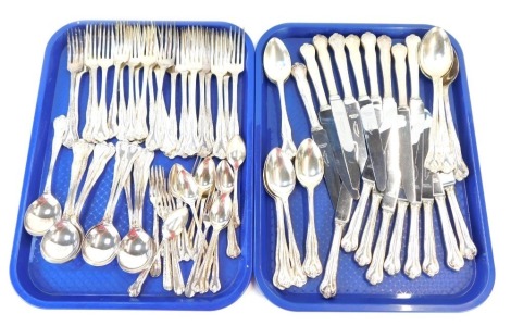 A Poston part suite of Duchess pattern silver plated flatware, comprising four table spoons, twelve table and ten dessert forks, nine table knives and dessert knives, ten dessert and soup spoons, six cake forks and twelve teaspoons.