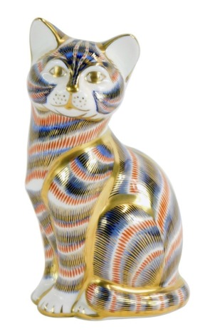 A Royal Crown Derby cat paperweight, with silver stopper.