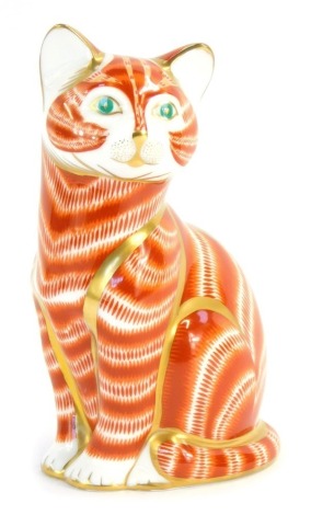 A Royal Crown Derby Ginger Cat paperweight, large with gold stopper.