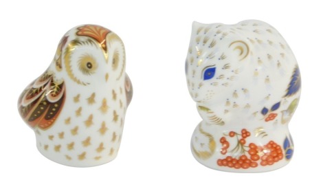 Two Royal Crown Derby animal paperweights, comprising Owlet, with gold stopper, and Derby Dormouse with gold stopper. (2)