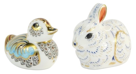 Two Royal Crown Derby paperweights, comprising Collector's Guild Duckling, with gold stopper, and Bunny Collector's Guild, with gold stopper. (2)