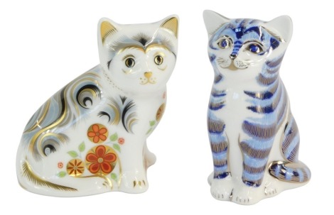 Two Royal Crown Derby Cat paperweights, comprising Nice, and Silver Tabby, each with gold stopper. (2)