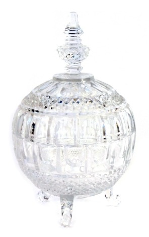 A cut glass biscuit barrel and cover, of orb form, with a faceted top, 32cm high.