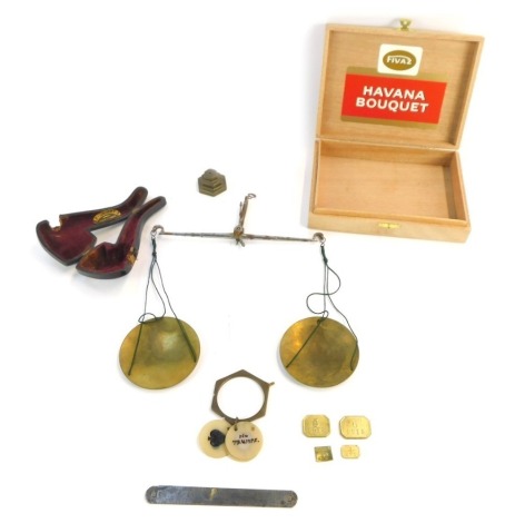 A vintage set of gold scales, in Havana Bouquet box, with an empty pipe case. (3)