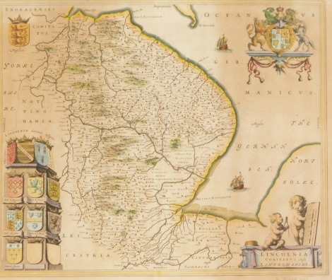 After Blaeu (17thC). A later coloured map of Lincolnshire, 41cm x 50cm, framed and glazed.