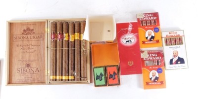 A group of cigars, comprising The King Edward Invincible Deluxe five pack, King Edward Imperial five pack (sealed), King Edward Imperial open pack containing three cigars, a Churchill TE-AMO empty pack, and a cased set of five Sibona Cigars in wooden pres - 2