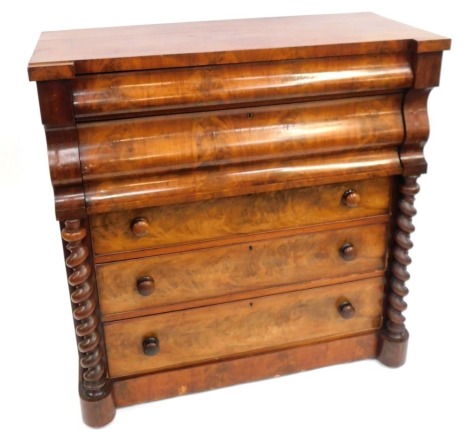 An early 19thC figured mahogany chest, with drawer, three drawers, with barley twist column supports on castors, 127cm high, 120cm wide, 56cm deep.