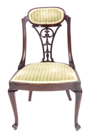 An Edwardian bedroom chair, with carved splat, with green striped upholstered seat, 80cm high.