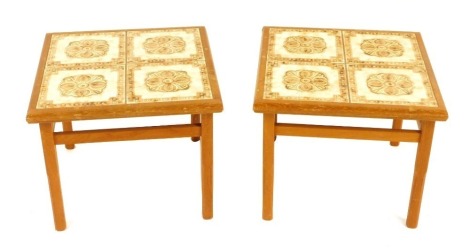 A pair of retro tiled top tables, each set with an arrangement of four orange and brown swirl tiles, 38cm high, 45cm wide, 45cm deep. (2)