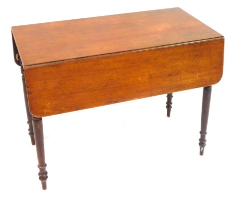 A 19thC mahogany Pembroke table, with single drawer, two fall flaps, on bobbin turned legs, 74cm high, 98cm wide, 52cm deep.