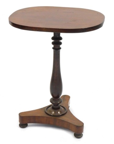 A 19thC mahogany table, the oval top on turned column with triform base, 67cm high, 35cm wide, 52cm deep.