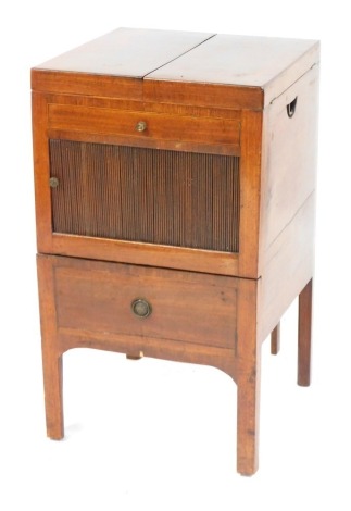 A 19thC mahogany enclosed washstand, the two lift lid with arrangement of drawers, 81cm high, the top 46cm x 46cm.