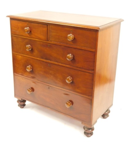 A 19thC mahogany chest, of two short and three long drawers, on block feet, 94cm high, 104cm wide, 52cm deep.