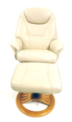 A Stressless style cream leatherette reclining chair and footstool.