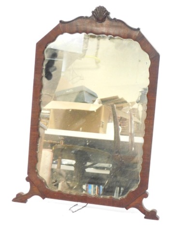 A mahogany dressing table mirror, moulded shell capped top, on outsplayed legs with strut support, 60cm high, 38cm wide.