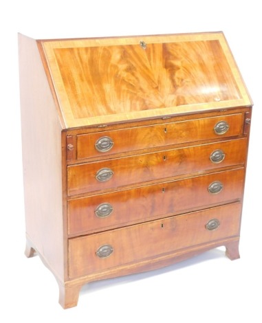 A 19thC mahogany bureau, the fall flap above an arrangement of one short and three long drawers, with a fitted interior, on bracket feet, 115cm high, 93cm wide, 53cm deep.