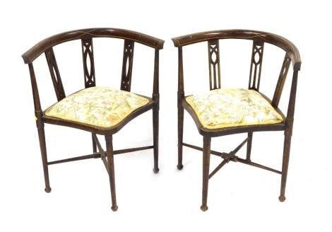 Two Edwardian corner chairs, each with boxwood inlay, and floral upholstered seat. (2)