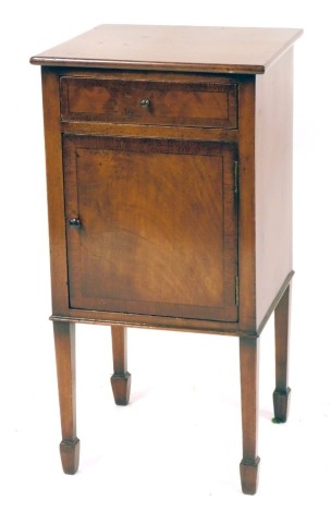 A mahogany bedside cabinet, with single drawer and cupboard door, 77cm high, 40cm wide, 36cm deep.