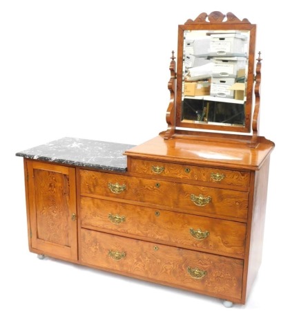 A Victorian pitch pine dressing table, the back with partial marble washstand top, above arrangement of three drawers, cupboard door and a mirror back, 164cm high, 144cm wide, 53cm deep.