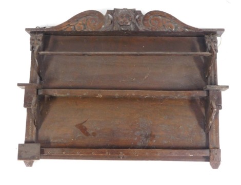 A small oak two row plate rack, with a moulded lion mask crest, 46cm high, 62cm wide.