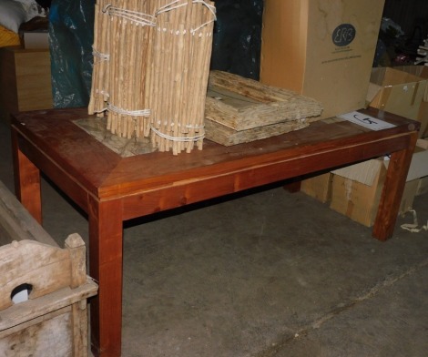 NOT SOLD, no bids. A hardwood dining table, the top inset with three marble panels, 77cm high, the top 91cm x 201cm. Note: VAT is payable on the hammer price of this lot at 20% in addition to Buyer's Premium. Collection is by appointment Monday 12th & Tue