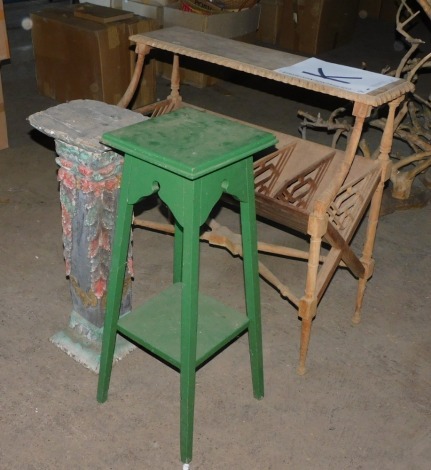 By Tender. An Eastern hardwood multi sectional Canterbury, 90cm high, a floral carved painted hardwood jardiniere stand, 76cm high, and a further green painted jardiniere stand, 82cm high. Note: VAT is payable on the hammer price of this lot at 20% in ad