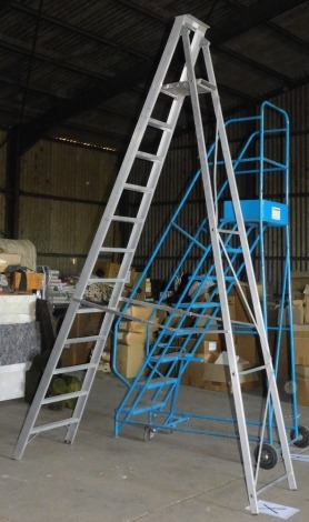 NOT SOLD, no bids. An aluminium A framed access ladder. Note: VAT is payable on the hammer price of this lot at 20% in addition to Buyer's Premium. Collection is by appointment Monday 19th & Tuesday 20th December in Hawksworth, Notts. - Final bids to be s