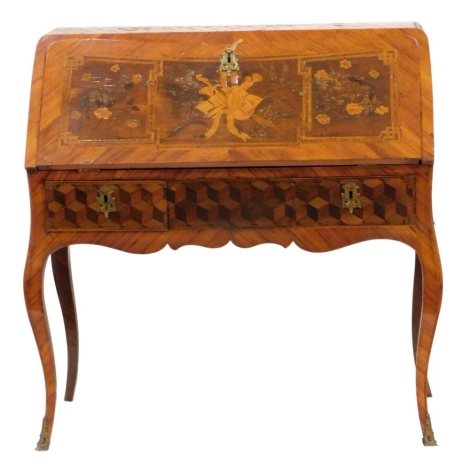 A 19thC French tulipwood, rosewood and marquetry bureau, the serpentine fall boxwood inlaid with flowers and musical instruments, revealing a fitted interior of serpentine drawers and pigeon holes with a deep well and leather writing section, with two dra