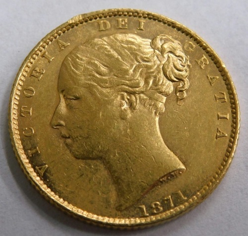 A Victorian gold full shield back sovereign, 1871.