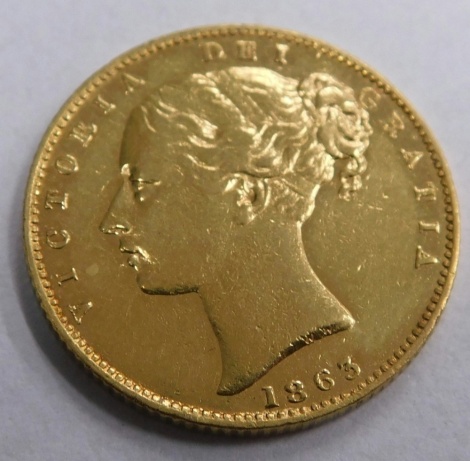 A Victorian gold full shield back sovereign, 1863.