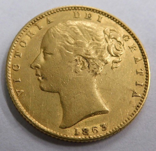 A Victorian gold full shield back sovereign, 1863.