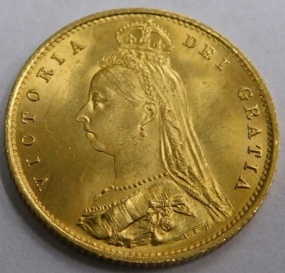 A Victorian gold half shield back sovereign, 1887, Jubilee Head, near proof, almost as struck.