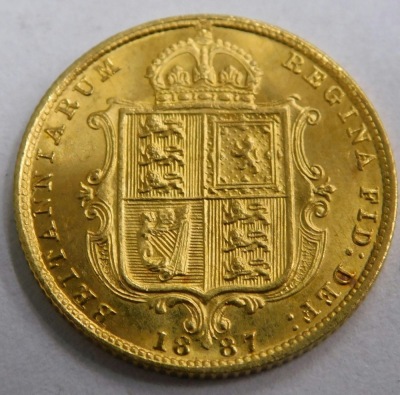 A Victorian gold half shield back sovereign, 1887, Jubilee Head, near proof, almost as struck. - 2