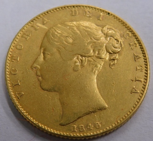 A Victorian gold full shield back sovereign, 1846, Bun Head.