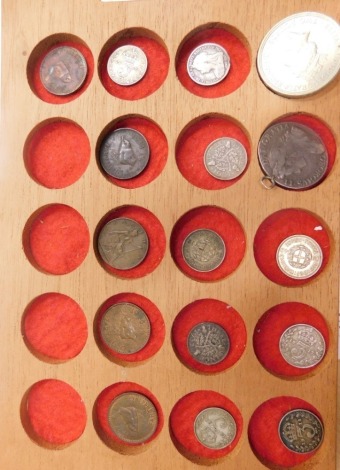 Various coins, George II mounted, silver 3d bits, farthings etc. (a quantity)