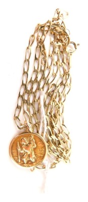 A St Christopher pendant and chain, the circular pendant with car model to reverse stamped 750 2½cm high, on a hammered curb link chain, 66cm long, yellow metal stamped 9kt, 8.4g all in