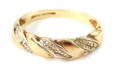 A 9ct gold half hoop dress ring, with six pleated design set with tiny cz, on a plain band, size N, 2.2g all in.