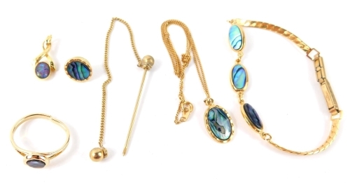 A group of imitation opal set jewellery, comprising a gold finish opal pendant stamp sil, a pendant and chain on plated mounts, bracelet and stick pin. (a quantity)