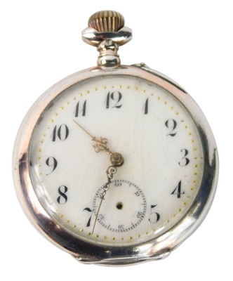 An early 20thC French open faced pocket watch, with fancy 4cm diameter Arabic dial, and subsidiary Arabic second hand, in a part engine turned case with vacant cartouche, marked 0800, 2.4oz all in.