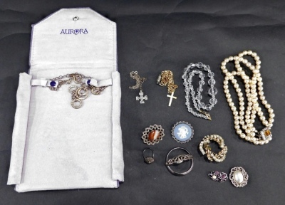 Various jewellery, a marcasite dress ring, faux pearl necklaces, plated chains, Auroa ladies necklace, Wedgwood brooch, other dress brooches, etc. (a quantity)