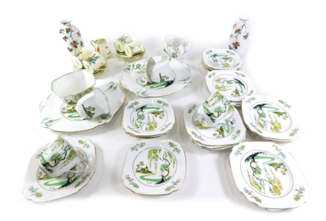 A Standard China Pagoda pattern part tea service, to include serving plate, 24cm wide, etc., a pair of Shelley floral vases, various other part teaware, coffee cans and saucers, etc. (a quantity)