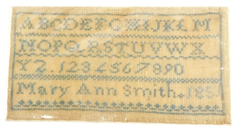 A Victorian alphabetic and numeric sampler, by Mary Ann Smith, dated 1851, 14cm x 27cm.